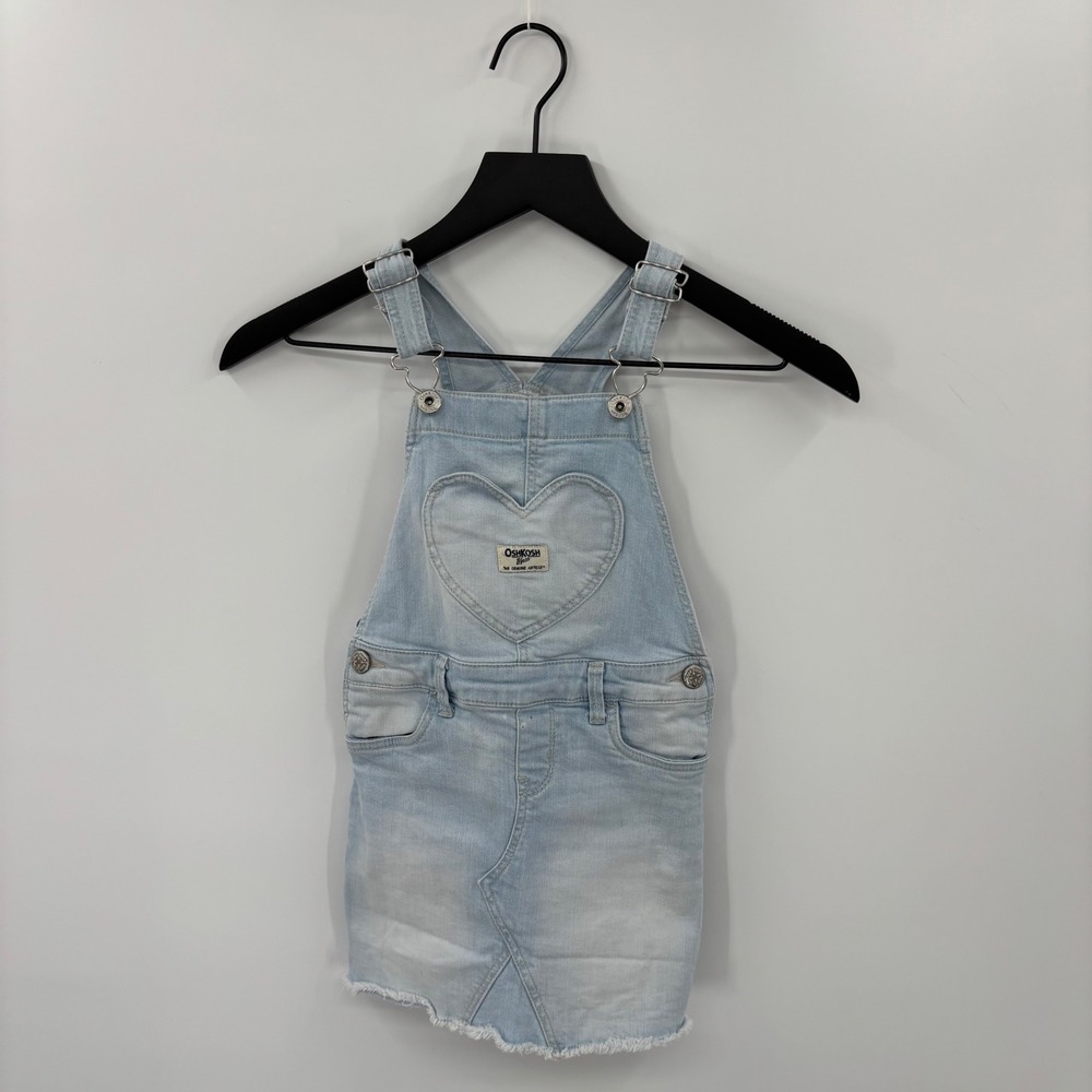 OshKosh Denim Overall Skirt Kids 5T Light Blue Heart Pocket Frayed Hem Cute Boho
